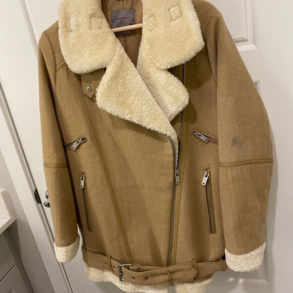 Zara Basic Wool Sherpa Blend Long Sleeve Coat.  Tan/Cream. Medium. Streetwear. - Picture 14 of 16